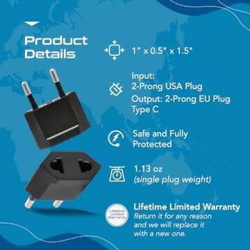Ceptics USA, Canada to European Plug Adapter - Type C Adapter compatible in Europe, Canada to European travel plug adapter Ideal for Phones, Camera & more - CE Certified - RoHS Compliant - 6 Pack