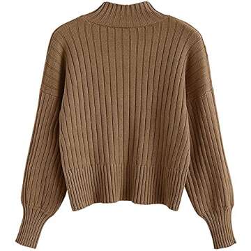 ZAFUL Women's Crew Neck Long Sleeve Pullover Crop Sweater Mock Neck Lantern Sleeve Ribbed Knit Cropped Sweater Brown