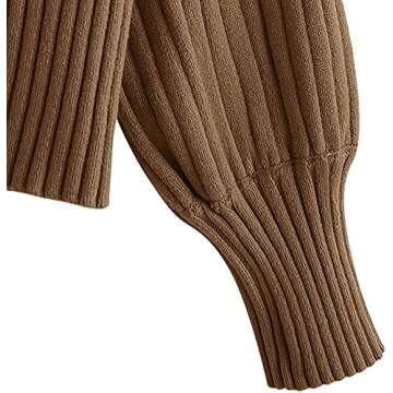 ZAFUL Women's Crew Neck Long Sleeve Pullover Crop Sweater Mock Neck Lantern Sleeve Ribbed Knit Cropped Sweater Brown