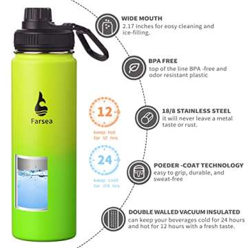 Farsea Insulated Water Bottle With Paracord Handle, Protective Silicone Boot and 2 Lids (Straw Lid & Spout Lid), Stainless Steel Water Bottle Wide Mouth, Double Wall Sweat-Proof BPA-Free, 24 oz