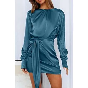 PRETTYGARDEN Women's Spring Satin Dress Long Sleeve Tie Waist Elegant Cocktail Party Mini Fall Dress...