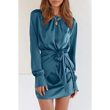 PRETTYGARDEN Women's Spring Satin Dress Long Sleeve Tie Waist Elegant Cocktail Party Mini Fall Dresses(Dark Blue,Small)