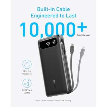 Anker Power Bank, 20,000mAh Portable Charger with Built-in USB-C Cable, 87W Max Fast Charging Battery Pack for Laptop, 2 USB-C and 1 USB-A, for MacBook, iPhone 16/15 Series, Samsung, Switch, and More