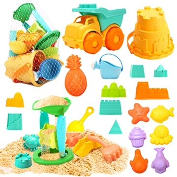 CUTE STONE 24 PCS Beach Sand Toys Set Sandbox Toys with Dump Truck, Castle & Animals Sand Molds, Buc...