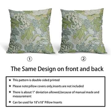 Spring Green Flowers Pillow Covers 2 Packs 18x18 Inch Vintage Turquoise Floral Throw Pillows Chinoiserie Decor Cushion Cover Linen for Patio Furniture Sofa Bedroom Indoor Outdoor