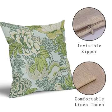 Spring Green Flowers Pillow Covers 2 Packs 18x18 Inch Vintage Turquoise Floral Throw Pillows Chinoiserie Decor Cushion Cover Linen for Patio Furniture Sofa Bedroom Indoor Outdoor