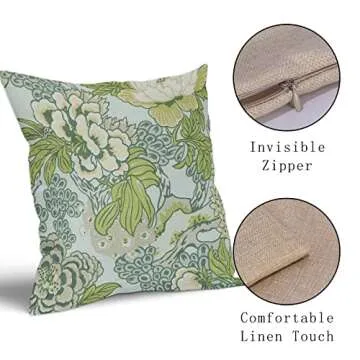 Spring Green Flowers Pillow Covers 2 Packs 18x18 Inch Vintage Turquoise Floral Throw Pillows Chinoiserie Decor Cushion Cover Linen for Patio Furniture Sofa Bedroom Indoor Outdoor