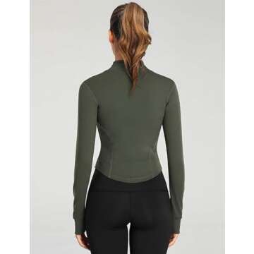 Gihuo Women's Athletic Full Zip Lightweight Workout Jacket Cropped Gym Yoga Track Jacket with Thumb Holes (ArmyGreen, Large)