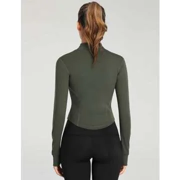Gihuo Women's Athletic Full Zip Lightweight Workout Jacket Cropped Gym Yoga Track Jacket with Thumb Holes (ArmyGreen, Large)