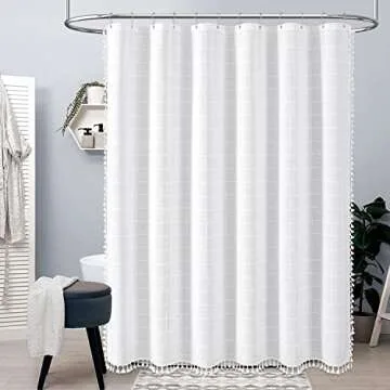 BTTN Extra Long Shower Curtain, 72x84 Inch Long Boho Tassel Linen Fabric Thick Shower Curtain Set wi...