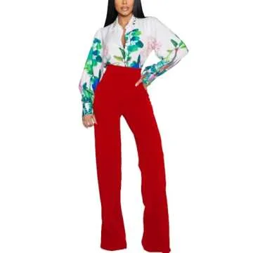 PINSV Women's High Waisted Stretchy Bootcut Pull On Dress Pants Casual Work Pants 3257 Red L