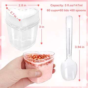 HawHawToys 60 Pack Dessert Cups with Lids and Spoons, 5 oz Heart-Shaped Clear Plastic Appetizer Parf...