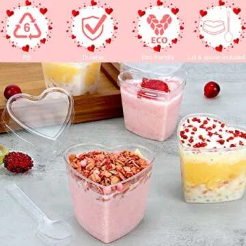 HawHawToys 60 Pack Dessert Cups with Lids and Spoons, 5 oz Heart-Shaped Clear Plastic Appetizer Parfait cups for Mother's Day Gift, Wedding, Bridal Shower
