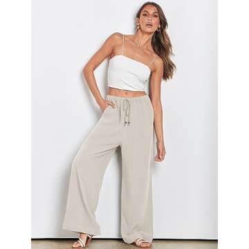 ANRABESS Women's Linen Summer Palazzo Pants Elastic Waist Casual Beach Trendy Wide Leg Trousers with Pockets X-Large Apricot