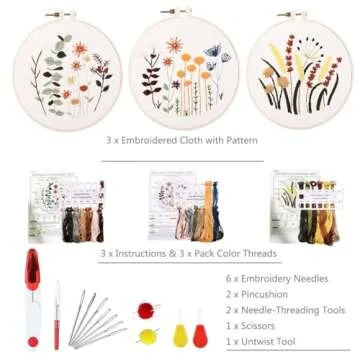 YINVA 3 Sets Embroidery Beginner Kits Embroidery Starter Kit Cross Stitch Kit Include Embroidery Clothes with Floral Pattern Instructions Hoops Floss Thread Fabric Needles for Beginners