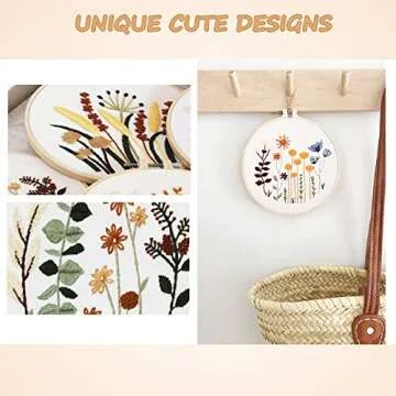 YINVA 3 Sets Embroidery Beginner Kits Embroidery Starter Kit Cross Stitch Kit Include Embroidery Clothes with Floral Pattern Instructions Hoops Floss Thread Fabric Needles for Beginners