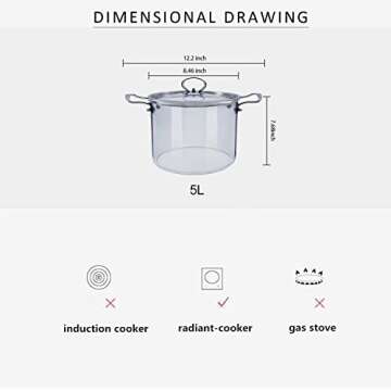 Saucepan with Lid, Glass Pot Stovetop 5L Heat Resistant ABHOME Stainless Steel Double Handles Clear Glassware for Cooking Milk, Pasta & Baby Food (5 Liter)