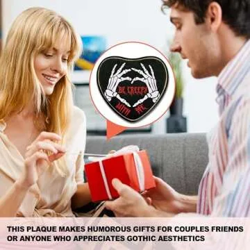 Gothic Heart Wood Sign, Be Creepy With Me Sign, Retro Gothic Wooden Wall Art, Skeleton Horror Wood Plaque Decor, Birthday Anniversary Wedding Halloween Gifts for Lover Wife Husband Couples -06