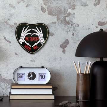 Gothic Heart Wood Sign, Be Creepy With Me Sign, Retro Gothic Wooden Wall Art, Skeleton Horror Wood Plaque Decor, Birthday Anniversary Wedding Halloween Gifts for Lover Wife Husband Couples -06