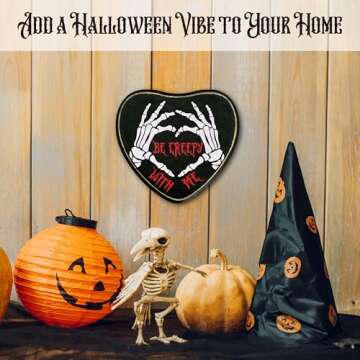 Gothic Heart Wood Sign, Be Creepy With Me Sign, Retro Gothic Wooden Wall Art, Skeleton Horror Wood Plaque Decor, Birthday Anniversary Wedding Halloween Gifts for Lover Wife Husband Couples -06