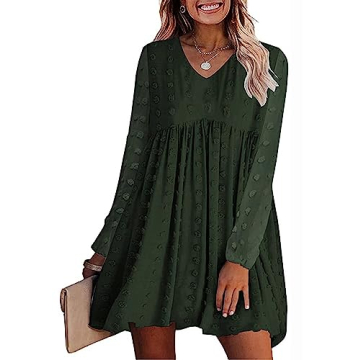 KIRUNDO Womens Dresses 2024 Spring Summer Long Sleeve Mini Dress V Neck Flowy Casual Swiss Dot Loose...