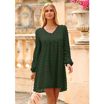 KIRUNDO Womens Dresses 2024 Spring Summer Long Sleeve Mini Dress V Neck Flowy Casual Swiss Dot Loose Babydoll Maternity Dress(Army Green, Large)