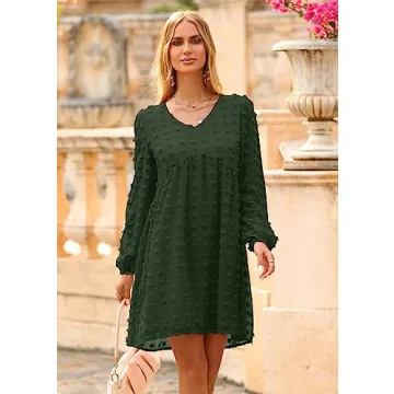 KIRUNDO Womens Dresses 2024 Spring Summer Long Sleeve Mini Dress V Neck Flowy Casual Swiss Dot Loose Babydoll Maternity Dress(Army Green, Large)