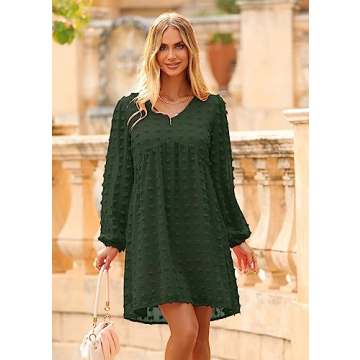 KIRUNDO Womens Dresses 2024 Spring Summer Long Sleeve Mini Dress V Neck Flowy Casual Swiss Dot Loose Babydoll Maternity Dress(Army Green, Large)