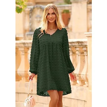 KIRUNDO Womens Dresses 2024 Spring Summer Long Sleeve Mini Dress V Neck Flowy Casual Swiss Dot Loose Babydoll Maternity Dress(Army Green, Large)