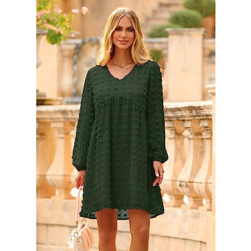 KIRUNDO Womens Dresses 2024 Spring Summer Long Sleeve Mini Dress V Neck Flowy Casual Swiss Dot Loose Babydoll Maternity Dress(Army Green, Large)