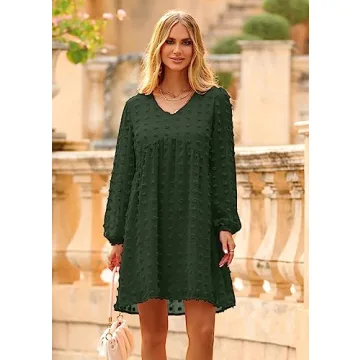 KIRUNDO Womens Dresses 2024 Spring Summer Long Sleeve Mini Dress V Neck Flowy Casual Swiss Dot Loose Babydoll Maternity Dress(Army Green, Large)