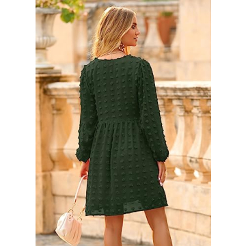 KIRUNDO Womens Dresses 2024 Spring Summer Long Sleeve Mini Dress V Neck Flowy Casual Swiss Dot Loose Babydoll Maternity Dress(Army Green, Large)