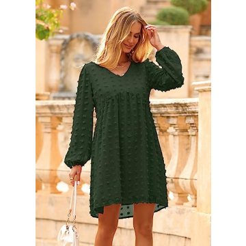 KIRUNDO Womens Dresses 2024 Spring Summer Long Sleeve Mini Dress V Neck Flowy Casual Swiss Dot Loose Babydoll Maternity Dress(Army Green, Large)