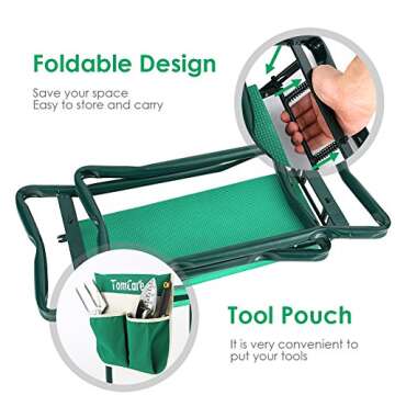 TomCare Garden Kneeler Seat Garden Bench Garden Stools Foldable Stool with Tool Bag Pouch EVA Foam Pad Outdoor Portable Kneeler for Gardening（Large-21.65" x 10.62" x 18.89", Green）