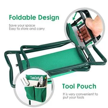 TomCare Garden Kneeler Seat Garden Bench Garden Stools Foldable Stool with Tool Bag Pouch EVA Foam Pad Outdoor Portable Kneeler for Gardening（Large-21.65" x 10.62" x 18.89", Green）