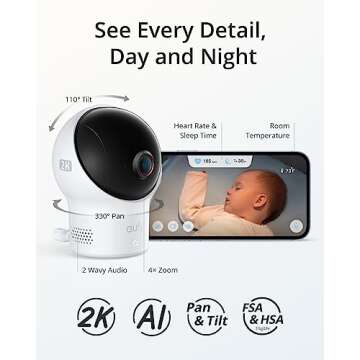 eufy Security Baby Smart Sock Baby Monitor with 2.4 GHz Wi-Fi, Track Sleep Patterns, Naps, Heart Rate, 2K Camera, AI Cry Detection, Pan and Tilt, No Monthly Fee