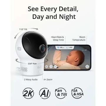 eufy Security Baby Smart Sock Baby Monitor with 2.4 GHz Wi-Fi, Track Sleep Patterns, Naps, Heart Rate, 2K Camera, AI Cry Detection, Pan and Tilt, No Monthly Fee