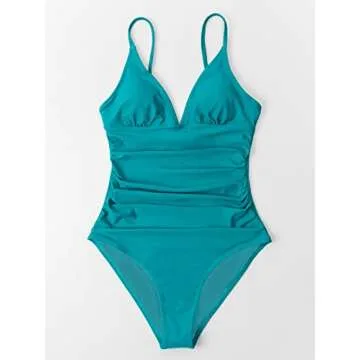 Stylish CUPSHE Teal Shirring V-Neck One Piece Swimsuit
