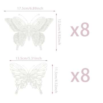 16 Pcs Christmas Glitter Butterfly Ornament, 6.2'' x 4.3'' Christmas Butterfly Decorations with Clip Christmas Picks and Sprays for Christmas Tree Wedding Wreath Party Supply (White, 16)
