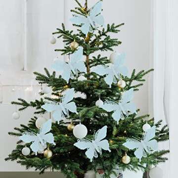 16 Pcs Christmas Glitter Butterfly Ornament, 6.2'' x 4.3'' Christmas Butterfly Decorations with Clip Christmas Picks and Sprays for Christmas Tree Wedding Wreath Party Supply (White, 16)