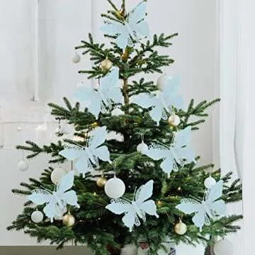 16 Pcs Christmas Glitter Butterfly Ornament, 6.2'' x 4.3'' Christmas Butterfly Decorations with Clip Christmas Picks and Sprays for Christmas Tree Wedding Wreath Party Supply (White, 16)
