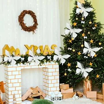 16 Pcs Christmas Glitter Butterfly Ornament, 6.2'' x 4.3'' Christmas Butterfly Decorations with Clip Christmas Picks and Sprays for Christmas Tree Wedding Wreath Party Supply (White, 16)