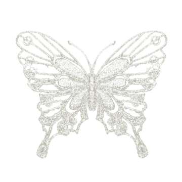 16 Pcs Christmas Glitter Butterfly Ornament, 6.2'' x 4.3'' Christmas Butterfly Decorations with Clip Christmas Picks and Sprays for Christmas Tree Wedding Wreath Party Supply (White, 16)