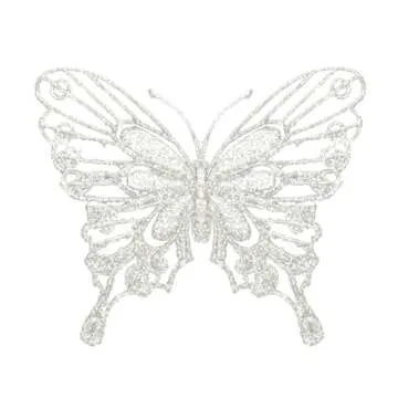 16 Pcs Christmas Glitter Butterfly Ornament, 6.2'' x 4.3'' Christmas Butterfly Decorations with Clip Christmas Picks and Sprays for Christmas Tree Wedding Wreath Party Supply (White, 16)