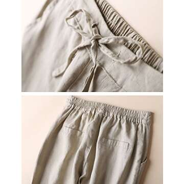 IXIMO Women's Tapered Pants 100% Linen Drawstring Back Elastic Waist Pants Trousers with Pockets Khaki M