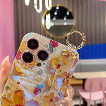 Lastma for iPhone 13 Pro Max Case Cute with Wrist Strap Kickstand Glitter Bling Cartoon IMD Soft TPU Shockproof Protective Cases Cover for Girls and Women - Yellow Flower