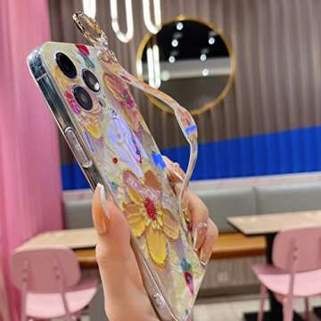 Lastma for iPhone 13 Pro Max Case Cute with Wrist Strap Kickstand Glitter Bling Cartoon IMD Soft TPU Shockproof Protective Cases Cover for Girls and Women - Yellow Flower