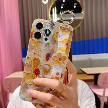Lastma for iPhone 13 Pro Max Case Cute with Wrist Strap Kickstand Glitter Bling Cartoon IMD Soft TPU Shockproof Protective Cases Cover for Girls and Women - Yellow Flower