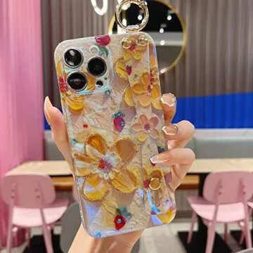 Lastma for iPhone 13 Pro Max Case Cute with Wrist Strap Kickstand Glitter Bling Cartoon IMD Soft TPU Shockproof Protective Cases Cover for Girls and Women - Yellow Flower