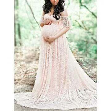 Maternity Photography Props Floral Lace Dress Fancy Pregnancy Gown for Baby Shower Photo Shoot (S, Pink)